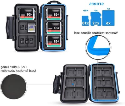 Waterdichte Opslagdoos voor 12 SDXC, 18 Micro SD en 6 CF Geheugenkaarten - Schokbestendige en Draagbare Organizer met Carabiner en 36 Slots voor Geheugenkaarten