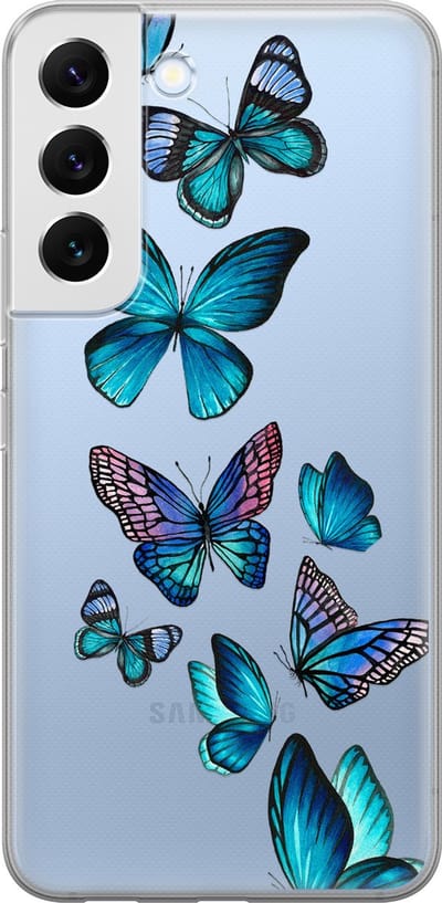 Leuke Telefoonhoesjes - Hoesje geschikt voor Samsung Galaxy S22+ - Vlinders blauw - Soft case - TPU - Print / Illustratie - Transparant, Blauw