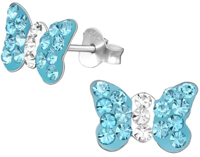 Joy|S - Zilveren vlinder oorbellen - 12 x 8 mm - kristal blauw wit