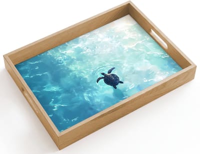 Dienblad hout 40x30 cm - Schootdienblad - Schildpad - Zee - Blauw - Schittering - Borrelplank rechthoek - Plateau dienbladen