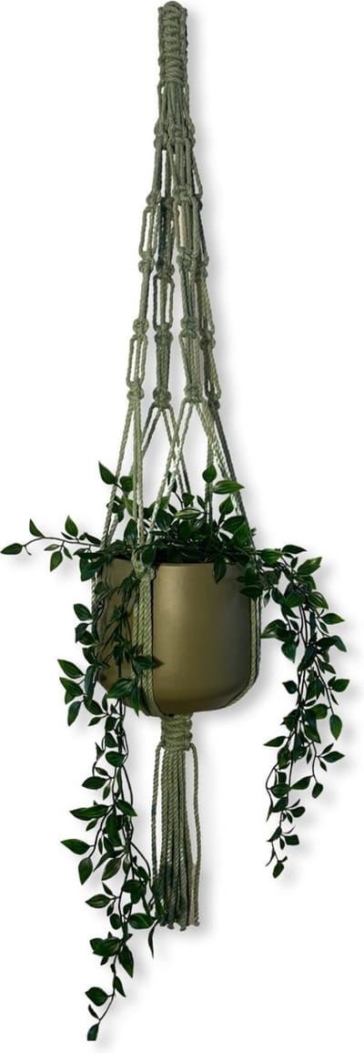 Plantenhanger 'Hippie' Olijfgroen - 100 cm lang - Katoenkoord - Geschikt voor Pot met Diameter t/m 30 cm - Handgemaakt in ons Macramé Atelier - Prijs per Stuk - Let op: Exclusief Pot - Inclusief Verzendkosten