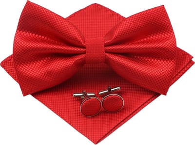 Fako Fashion - Vlinderstrik, Pochette & Manchetknopen - Kleine Ruit - Vlinderdas - Strikje - Pochet - Rood
