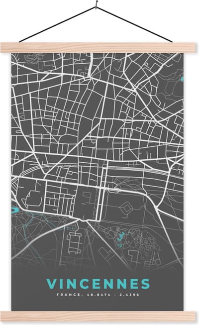 Posterhanger incl. Poster 40x60 cm - Schoolplaat - Vincennes - Stadskaart - Kaart - Plattegrond - Frankrijk - Textielposter - Blanke latten - Stadskaart