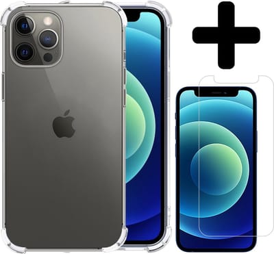 Hoesje - Met Screenprotector - Geschikt voor Apple iPhone 12 Pro - Sterk & Shockproof - Back Cover - Siliconen Case - Telefoon Hoes - Shock Proof - Telefoonhoes - Transparant