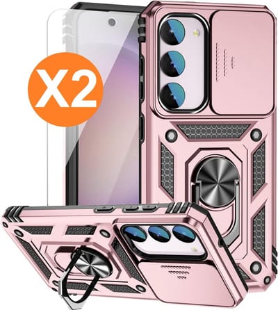 Hoesje Geschikt Voor Samsung Galaxy S23 FE hoesje backcover Rose Goud met Ring Houder en camera bescherming - Met Screenprotector - 2 stuks