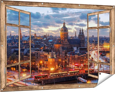 Gards Tuinposter Doorkijk Amsterdam Centrum Luchtfoto Zonsondergang - 150x100 cm - Tuindoek - Tuindecoratie - Wanddecoratie buiten - Tuinschilderij