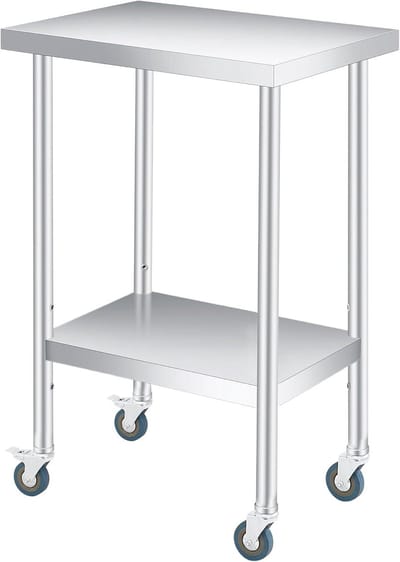 Professionele RVS Werktafel met Wielen en Spatscherm - 61 x 30 cm - Verstelbare Onderplank - Verrijdbare Voorbereidingstafel voor Horeca & Keuken - Heavy Duty RVS Tafel