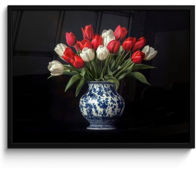 Poster in lijst - Fotolijst 70x50 cm - Posters - Rode - Bloemen - Tulpen - Vaas - Posterlijst zwart - Decoratie - Wanddecoratie woonkamer - Muurdecoratie slaapkamer