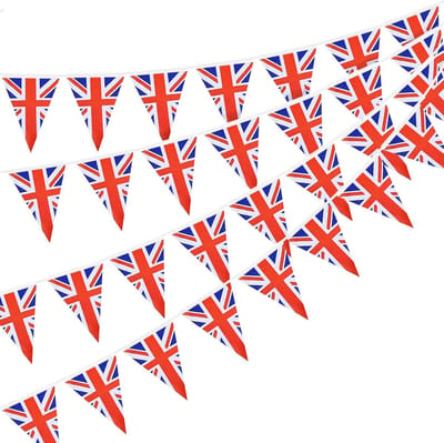 Union Jack Vlaggenlijn 30 Stuks, Dubbelzijdige Engelse Vlaggen voor Jubileum, Feestdecoratie en BBQ (14 x 21cm - 10m, 4 Stuks)