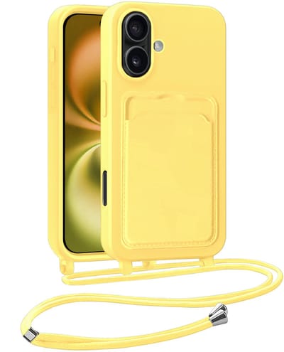Hoesje Geschikt voor iPhone 16 Telefoonhoesje Met Koord Case Pashouder Siliconen - Hoes Geschikt voor iPhone 16 Hoesje Met Kaarthouder - Geel