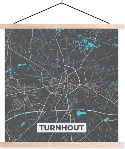 Posterhanger incl. Poster 40x40 cm - Schoolplaat - Stadskaart – Grijs - Kaart – Turnhout – België – Plattegrond - Textielposter - Blanke latten - Stadskaart
