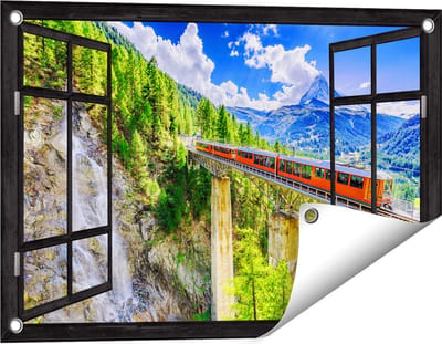 Gards Tuinposter Doorkijk Trein op een Brug bij een Waterval in Zwitserland - 60x40 cm - Tuindoek - Tuindecoratie - Wanddecoratie buiten - Tuinschilderij