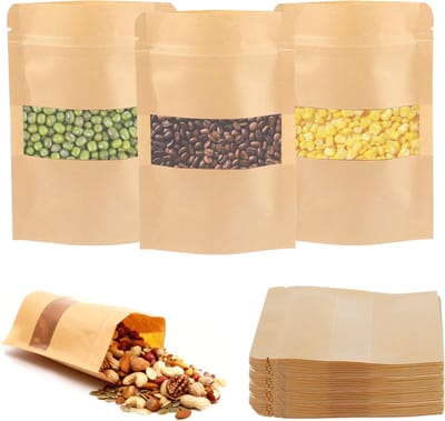 Kraft Papieren Zakjes met Venster - 120 Stuks, Herbruikbare Standzakken voor Koekjes, Noten en Snoepgoed - 10x15cm Bruin