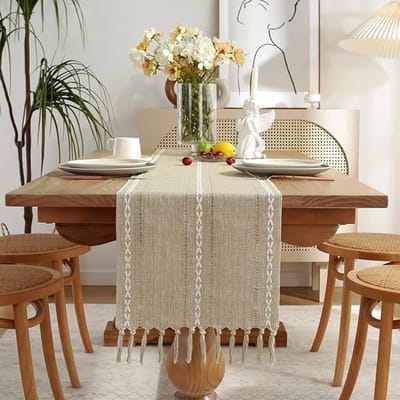 SPHProducts - Tafelloper - Ajoursteek - 150 cm - Amandelgeel - Katoen linnen - Eetkamer decoratie - Perfect voor feestjes