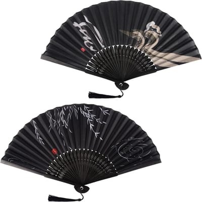 Set van 2 Zwarte Handfans van Zijde voor Vrouwen en Kinderen - Perfect voor Bruiloften en Zomeruitjes, Compact en Lichtgewicht