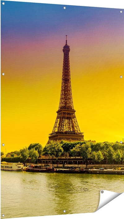 Gards Tuinposter Eiffeltoren in Parijs tijdens Zonsopgang - 100x150 cm - Tuindoek - Tuindecoratie - Wanddecoratie buiten - Tuinschilderij