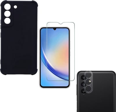 Anti -Shock Silicone hoesje zwart met Screenprotector Glas 1x en Camera lens protector 1x Geschikt voor: Samsung Galaxy A14 4G