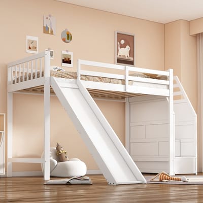 Stapelbed - 90x200 cm - Met Glijbaan En Afneembaar Hek - Verstelbare Ladder - Hout - Wit