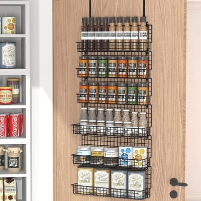 Famanu – 6-laags kruidenrek organizer met deurhaak - wandmontage en over de deur kruidenrekken voor keuken voorraadkast deurkast - twee maten - grote capaciteit - zwart