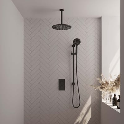 Brauer Black Edition thermostatische inbouw regendouche 3-weg omstelling SET 48 met 30 cm douchekop en plafondarm en 3-standen handdouche en doucheslang en geïntegreerde glijstang mat zwart