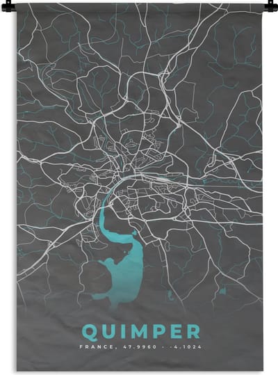 Wandkleed - Wanddoek - Quimper - Frankrijk - Plattegrond - Kaart - Stadskaart - 120x180 cm - Wandtapijt