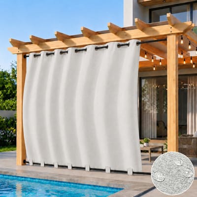 Qelus Linnenlook Buitengordijnen met Ringen en Verborgen Lussen - 254x274 cm - Waterdicht Buitengordijn voor Overkapping - Verduisterend en Winddicht Outdoorgordijn - Linnen Structuur - Grijsachtig wit - 1 Stuk