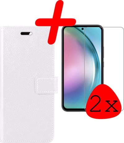 Hoesje Met 2x Screenprotector - Geschikt voor Samsung Galaxy A54 - Luxe Pasjeshouder - Bookcase Portemonee - Flip Case - Kunstleer Book Case - Flipcase Hoes - Book Cover - Walletcase - Portemonneehoes - Wit