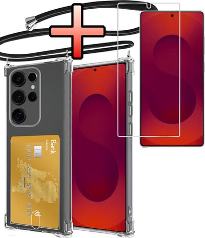 Hoes Geschikt voor Samsung Galaxy S25 Ultra Hoesje Pasjeshouder Cover Met Koord Shock Proof Case Siliconen Hoes Met Telefoonkoord en Kaarthouder Met Screenprotector - Transparant