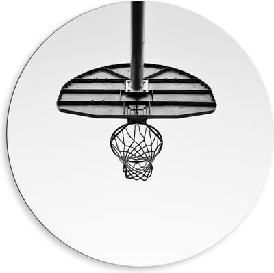 Dibond Wandcirkel - Onderkant Basketbalbasket (zwart/wit) - 80x80cm Foto op Aluminium Wandcirkel (met ophangsysteem)