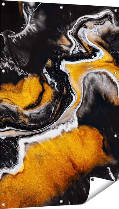 Gards Tuinposter Abstracte Kunst van Zwarte Gouden Verf - 80x120 cm - Tuindoek - Tuindecoratie - Wanddecoratie buiten - Tuinschilderij