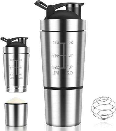 RVS Proteïne Shaker 600 ml met 200 ml Cup en Kom - Dubbelwandig, BPA-vrij voor Fitness en Dieet Shake