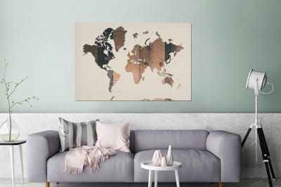 Aluminium schilderij 180x120 cm - Wanddecoratie metaal - Wereldkaart - Houten - Beige - Metalen muurdecoratie woonkamer - Decoratie industrieel - Foto op dibond - Industriële accessoires slaapkamer