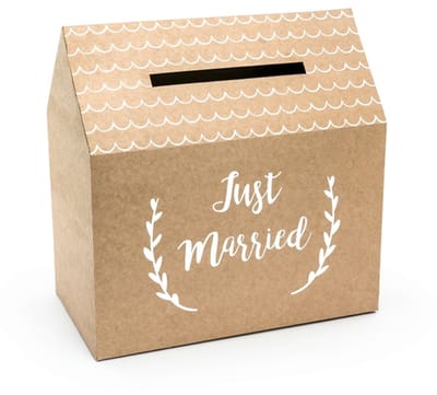 PARTYDECO - Kraftkartonnen urne Just Married huisvorm 30 x 30,5 x 16,5 cm