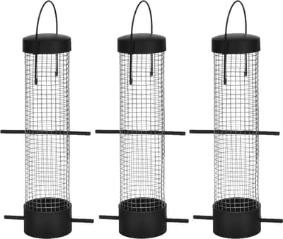 3x stuks kunststof vogel voedersilo zwart 28 cm - Vogelvoederhuisje - Vogel voederstation - Vogelvoer - Hangend