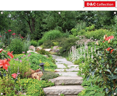 Bloemenposter met tuinpad - 130x95 cm - tuinposter - bloementuin - pad in bloemrijke tuin - omgezoomd met 6 ringen - balkon decoratie