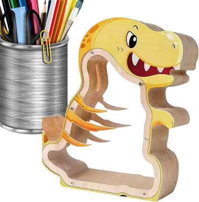 Houten Spaarpot Dinosaurus - Geldkist Kinderen - Leren Sparen - Speels Decoratie Object - 20x18x3 cm