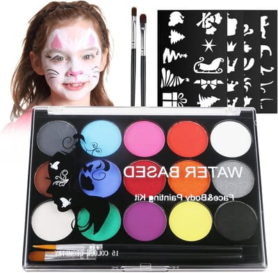 Complete Face Paint Set met 15 Kleuren, 2 Kwasten en 32 Sjablonen - Wasbare, Veilige en Niet-Toxische Make-up voor Halloween, Carnaval en Feestjes voor Kinderen en Volwassenen