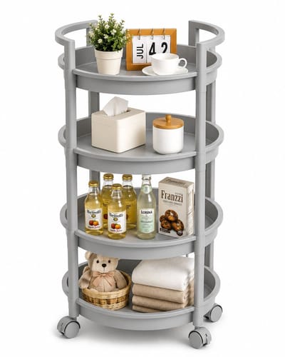 Van coos&aar | Roterende opbergrek - 4 Laags opbergrek met wielen - Grijs -180° Draaibaar - Voor Keuken, Woonkamer & Badkamer