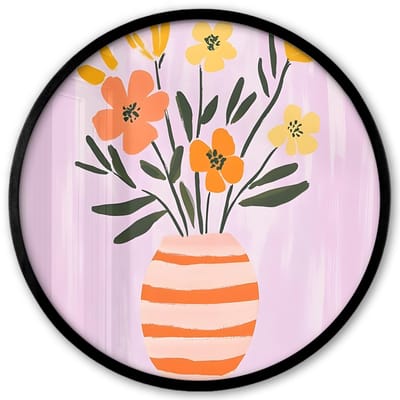 Poster in lijst Rond - Fotolijst 40x40 cm - Posters - Vaas - Gestreept - Bloemen - Oranje - Ronde posterlijst zwart - Decoratie - Wanddecoratie woonkamer - Muurdecoratie slaapkamer