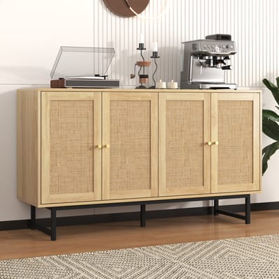 MIVRAY Dressoir - Houtlook Met Echt Rattan En 4 Deuren - Veel Opbergruimte Voor Woonkamer Eetkamer En Hal - Spaanplaat - 140x39,5x80 Cm