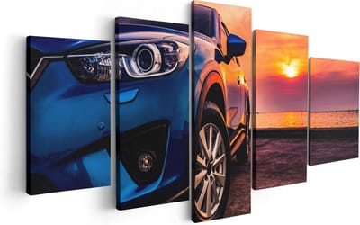 Artaza Canvas Schilderij Vijfluik Blauwe Sportwagen Auto Bij Zonsondergang - 100x50 - Foto Op Canvas - Canvas Print
