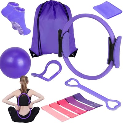 SnelShoppen - 13-delige Pilates Set voor Vrouwen met Pilates Bal, Pilates Ring, Weerstandsbanden, Sokken, en Stretch Fitness Accessoires in Paars - Id