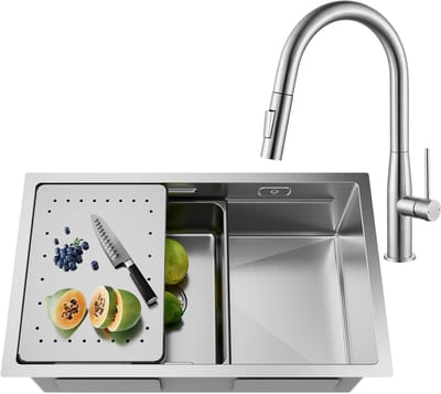 CECIPA max Spoelbak RVS 70x44CM - Spoelbak Keuken Met Keukenkraan Met Uittrekbare Uitloop - Multifunctionele Spoelbak - Spoelbak Met Afdruiprek - Spoelbakken Keuken - Wasbak Keuken - RVS