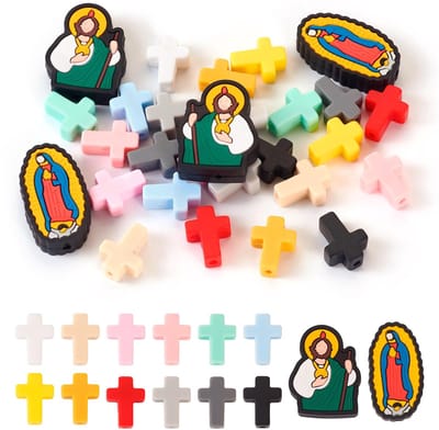 Siliconen Focuskralen Kruis Jezus Maagd Maria Spacerkralen Kleurrijke Kruis Rubberkralen voor DIY Halsketting Armband Paas Sieraden Maken, 28 Stuks