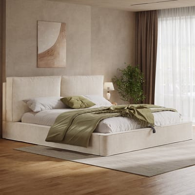 BLACKCOLORS Gestoffeerd bed, tweepersoonsbed, 180 x 200 cm, hydraulisch verstelbaar bed, bed met lattenbodem, hoofdeinde, gestoffeerd hoofdeinde, beige, corduroy