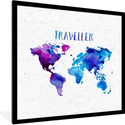 Poster in lijst - Fotolijst 40x40 cm - Posters - Wereldkaart - Aquarelverf - Reizen - Posterlijst zwart - Decoratie - Wanddecoratie woonkamer - Muurdecoratie slaapkamer