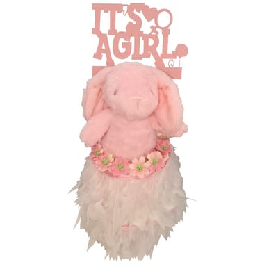 Pampertaart It’s a Girl – Roze Konijntje met Bloemen in Hawai style – Handgemaakt Kraamcadeau