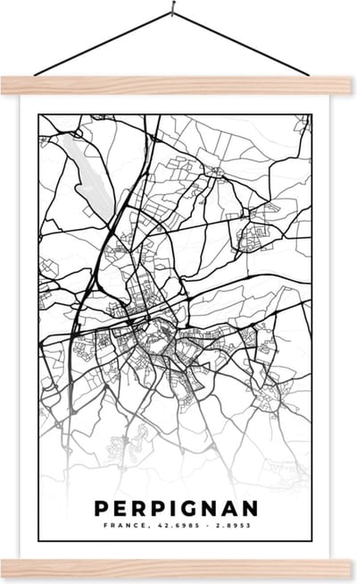 Posterhanger incl. Poster 40x60 cm - Schoolplaat - Plattegrond - Kaart - Frankrijk - Stadskaart - Perpignan - Zwart wit - Textielposter - Blanke latten - Stadskaart