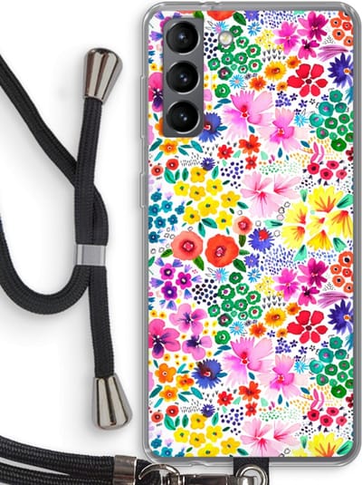 Case Company® - Hoesje met koord geschikt voor Samsung Galaxy S21 hoesje met Koord - Little Flowers - Telefoonhoesje met Zwart Koord - Bescherming aan alle Kanten en Over de Schermrand