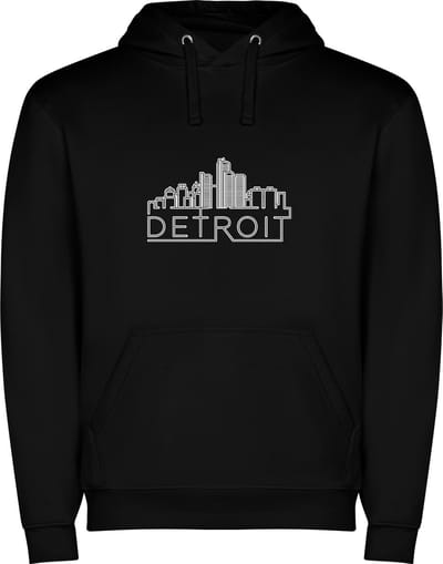 Zwarte unisex hoodie met “ Sky Line Detroit Michigan – Vakantiegevoel – Strak – Modern “ Print Full Color Color merk Roly maat S